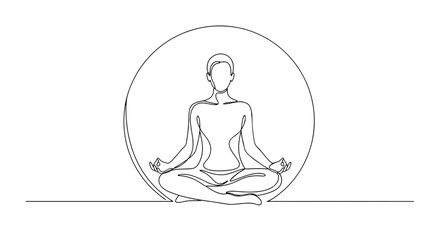 Harmony in Meditation: A serene line drawing captures the essence of meditation, portraying a figure in a peaceful yoga pose within a calming circular aura.