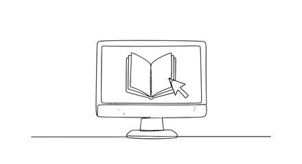 Online Study: A simplistic line art of a computer monitor displaying an open book with a cursor. 
