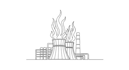 Fototapeta premium Industrial Inferno: An imposing illustration of a power plant emits plumes of fire and smoke, evoking a sense of environmental unease and the raw power of industry.