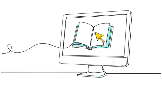 Online Learning: A minimalist line drawing shows an open book with a cursor, within a computer monitor, signifying digital learning