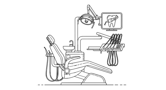 Dental clinic equipment: The image captures the detailed outline of dental equipment, showcasing the chair, the light, the display monitor with its teeth and other associated tool