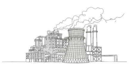 Industrial Complex Monochrome: A detailed line drawing showcases an industrial complex with towering structures emitting atmospheric emissions, symbolizing industrial activity.