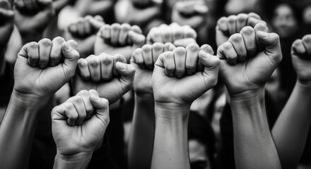 An authentic black and white photograph of a protest with raised fists