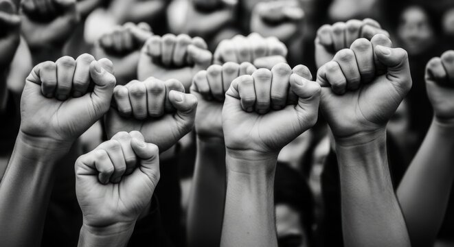 An authentic black and white photograph of a protest with raised fists