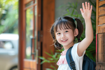 Kid Saying Goodbye for Back to School While Standing in Doorway and Waving With Excitement on Bright Morning