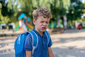 Naklejka premium Kid Crying About Going Back to School with Backpack While Standing in Playground Area on First Day of Term