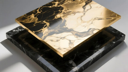 Luxurious Golden and Black Marble Square Slab Display Abstract Composition