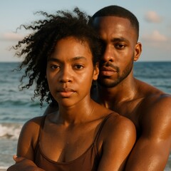 Obraz premium Young african couple embracing on beach at sunset