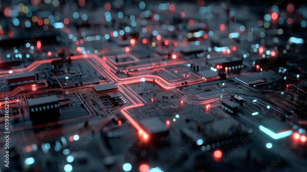 Poster abstract futuristic technology circuit board red neon glowing lines digital network high tech electr