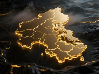 Golden Detailed Map Outline of a Region on Dark Relief Landscape