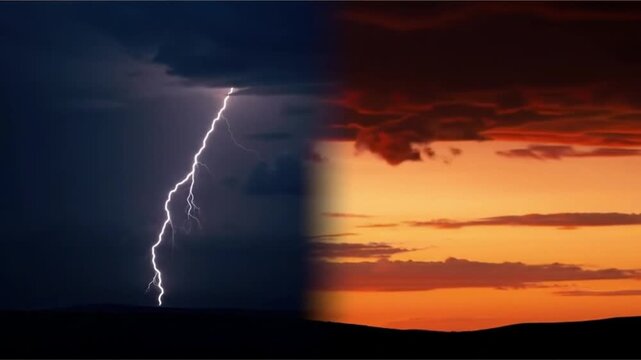 A split screen showing a lightning storm on one side and a sunset with clouds on the other side