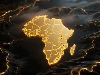 Golden Detailed Africa Continent Map with Outline on Dark Background