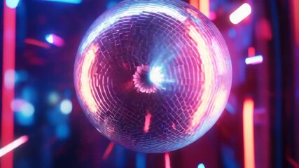 A shiny disco ball with colorful lights shining behind it