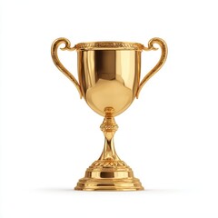 Stunning photo of golden trophy cup on white background. Award for winners. Shiny, detailed trophy achievement, success in competition. Illustrates prize for best performance.