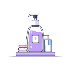 Lavender and blue soap dispenser and toiletry set flat vector for skincare branding, wellness blog, feminine hygiene or spa packaging design on transparent background.