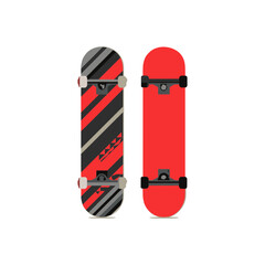 Red and black modern striped skateboard flat vector illustration for urban youth culture, extreme sports graphics, teen hobby design projects on transparent background.