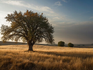 Fototapeta premium Autumn grassland extending under soft sunlight with a single tall tree standing alone at the horizon conveying a sense of calmness and comfort in the open landscape with sheltering
