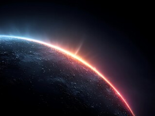 "Planet Horizon at Sunrise, Glowing Red and Blue Atmosphere, Outer Space View, Cosmic Landscape, Sci-Fi Planet Scene"

