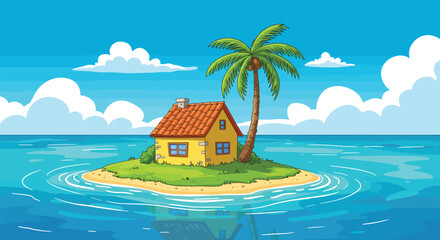 Obraz premium Tropical Island with a Small House and Palm Tree