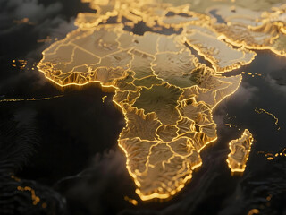 Futuristic Golden Africa Continent Map with Country Borders on Dark Background