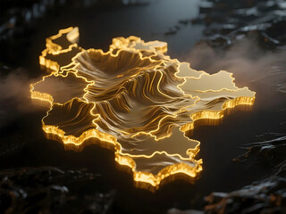 Elegant Golden Topographic Map with Illuminated Edges and Region Borders