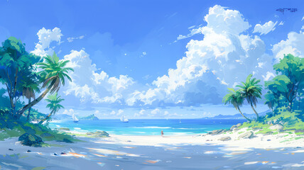 Obraz premium Tropical beach landscape with vibrant blue sky, fluffy clouds, and serene ocean view