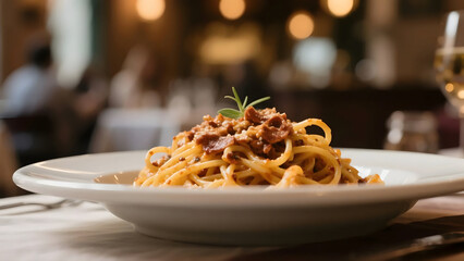 Delicious Spaghetti Bolognese Dish Presented in a Restaurant Ambience