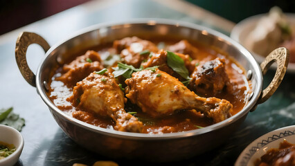 Authentic Delicious Chicken Curry Indian Dish in a Silver Bowl