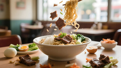 Delicious Steaming Ramen Noodle Bowl with Meat Topping and Fresh Vegetables