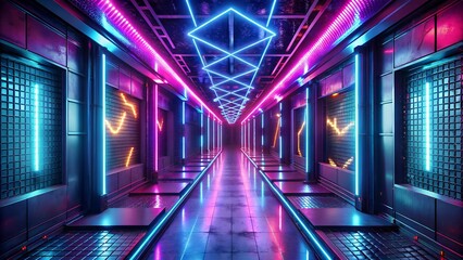 A futuristic cyberpunk hallway illuminated by vibrant blue and pink neon lights