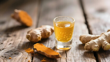 Close up of Fresh Turmeric Root and Juice Shot on Wood