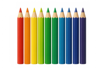 Colorful pencils arranged in rainbow spectrum gradient, showcasing artistic design against transparent backdrop