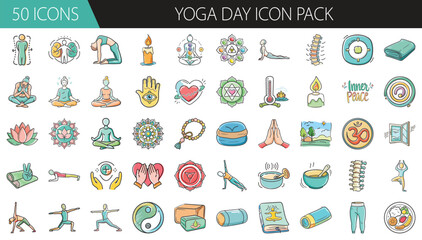 Yoga Day icon set with 50 illustrations - Colorful vector pack of 50 yoga-themed icons featuring poses, symbols, candles, chakras, mats, and meditation elements.