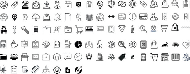 100 Business Line Icons Set – Finance, Management, Office, Teamwork, Growth & Investment Vector