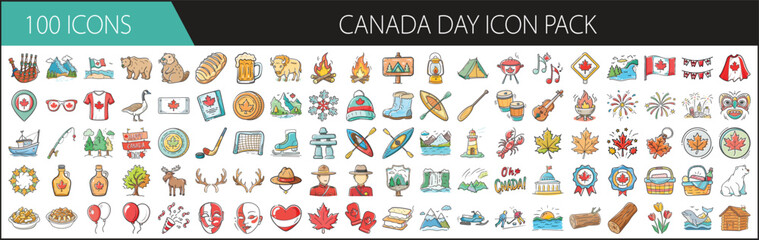Obraz premium Canada Day vector icon pack with 100 symbols - Colorful set of 100 vector icons celebrating Canada Day, featuring flags, food, wildlife, sports, and cultural elements.