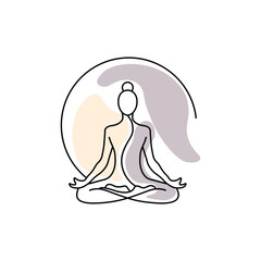 Abstract meditating woman vector art line with pastel shapes.