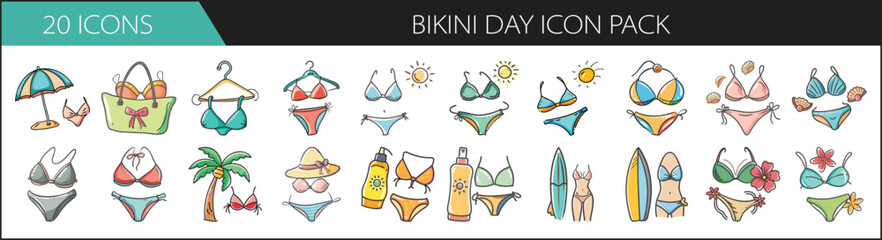 Naklejka premium 20 Summer Bikini Day Icons for Beach-Themed Designs - Vector pack of 20 colorful Bikini Day icons featuring swimwear, sunglasses, sunscreen, surfboards, palm trees, and tropical beach elements. 