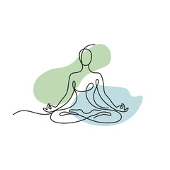 Meditating yoga pose vector art line with abstract pastel background.