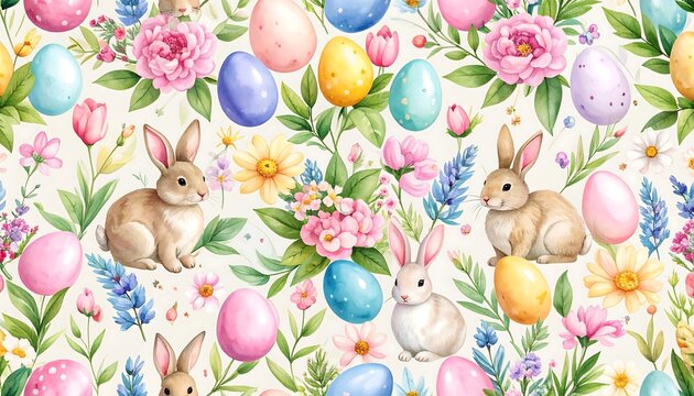 Pastel Easter floral pattern with bunnies and eggs
