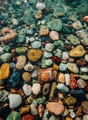 Colorful pebbles under clear water