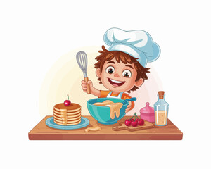 A cheerful young boy, wearing a chef's hat, happily prepares pancakes with excitement, stirring ingredients in a bowl while showcasing a fun cooking moment with playful creativity.