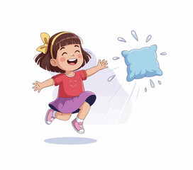 A cheerful girl leaping joyfully during a playful pillow fight, capturing the essence of childhood fun and imagination in a vibrant, animated style.