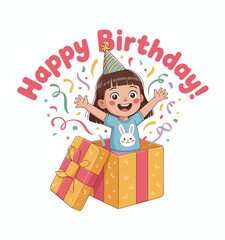 A cheerful image shows a child emerging from a birthday gift box with excitement, symbolizing joy and happiness during celebrations and special moments.