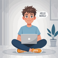 A smiling teenager sits cross-legged on the floor, excitedly coding on a laptop, exuding a sense of creativity, focus, and engagement in a modern and casual environment.