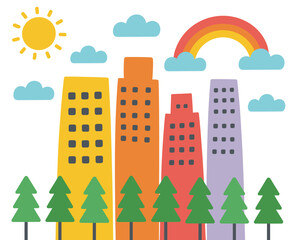 A vibrant cityscape featuring colorful buildings, trees, clouds, and a cheerful rainbow, representing urban life harmoniously blended with nature in a playful artistic manner.