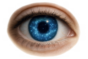 Human eye reflecting a galaxy, showcasing the concept of inner space and the universe within, on a transparent background