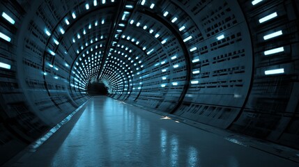 Futuristic SciFi Tunnel Corridor Digital Art Modern Technology Abstract Background Design Neon Lights Glowing Blue Walls Dark Concrete Floor Empty Space 3D Render        