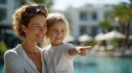 Fototapeta premium Mom and daughter enjoy poolside excitement in soft sunlight