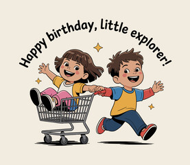 Two energetic children joyfully ride in a shopping cart, embodying the spirit of exploration and fun. This delightful scene showcases childhood joy and adventure.