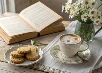 Creating a cozy coffee table flat lay with an open vintage book a warm cup of coffee and inviting decor in a relaxing home environment
